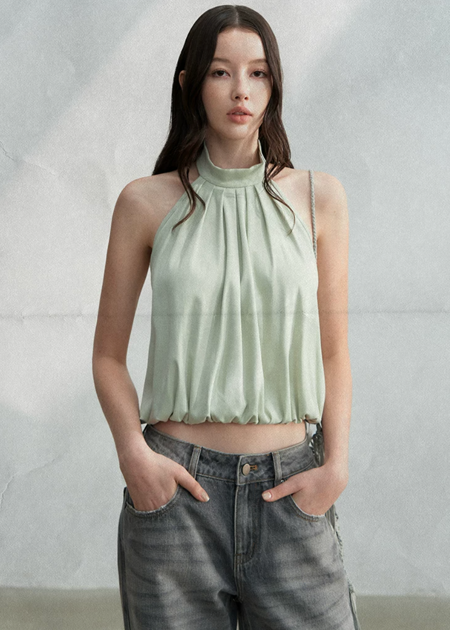 halter tank top, high neck tank top, open back top, sleeveless summer top, Korean feminine top, French minimalist top, mint green tank top, pleated halter top, cotton spandex top, bubble hem top, minimalist summer blouse, feminine Korean fashion, resort tank top, casual elegant top, open back halter top