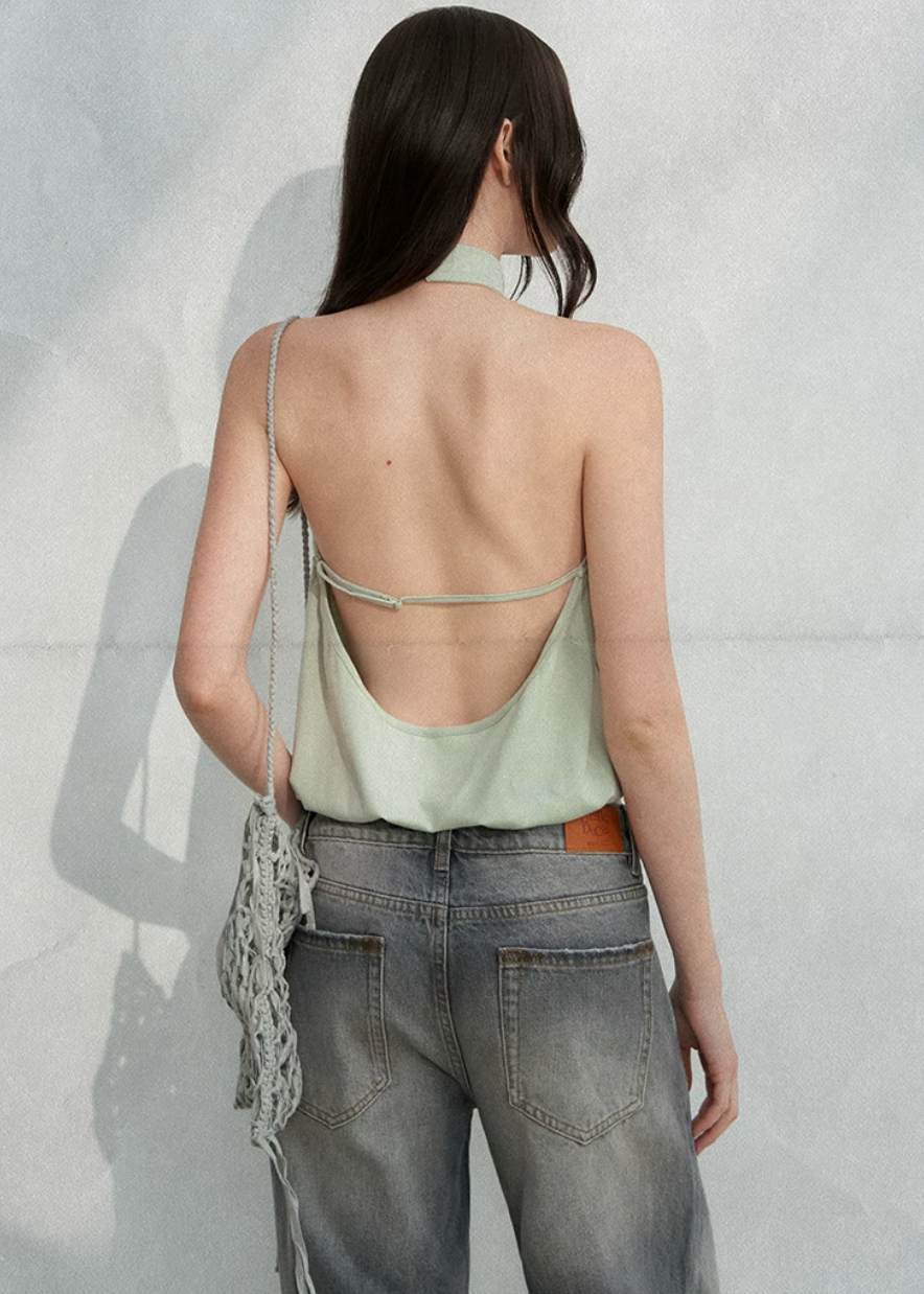 halter tank top, high neck tank top, open back top, sleeveless summer top, Korean feminine top, French minimalist top, mint green tank top, pleated halter top, cotton spandex top, bubble hem top, minimalist summer blouse, feminine Korean fashion, resort tank top, casual elegant top, open back halter top