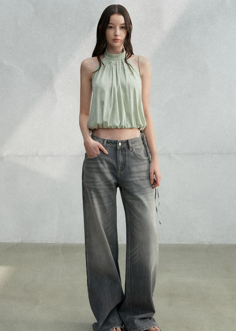 halter tank top, high neck tank top, open back top, sleeveless summer top, Korean feminine top, French minimalist top, mint green tank top, pleated halter top, cotton spandex top, bubble hem top, minimalist summer blouse, feminine Korean fashion, resort tank top, casual elegant top, open back halter top