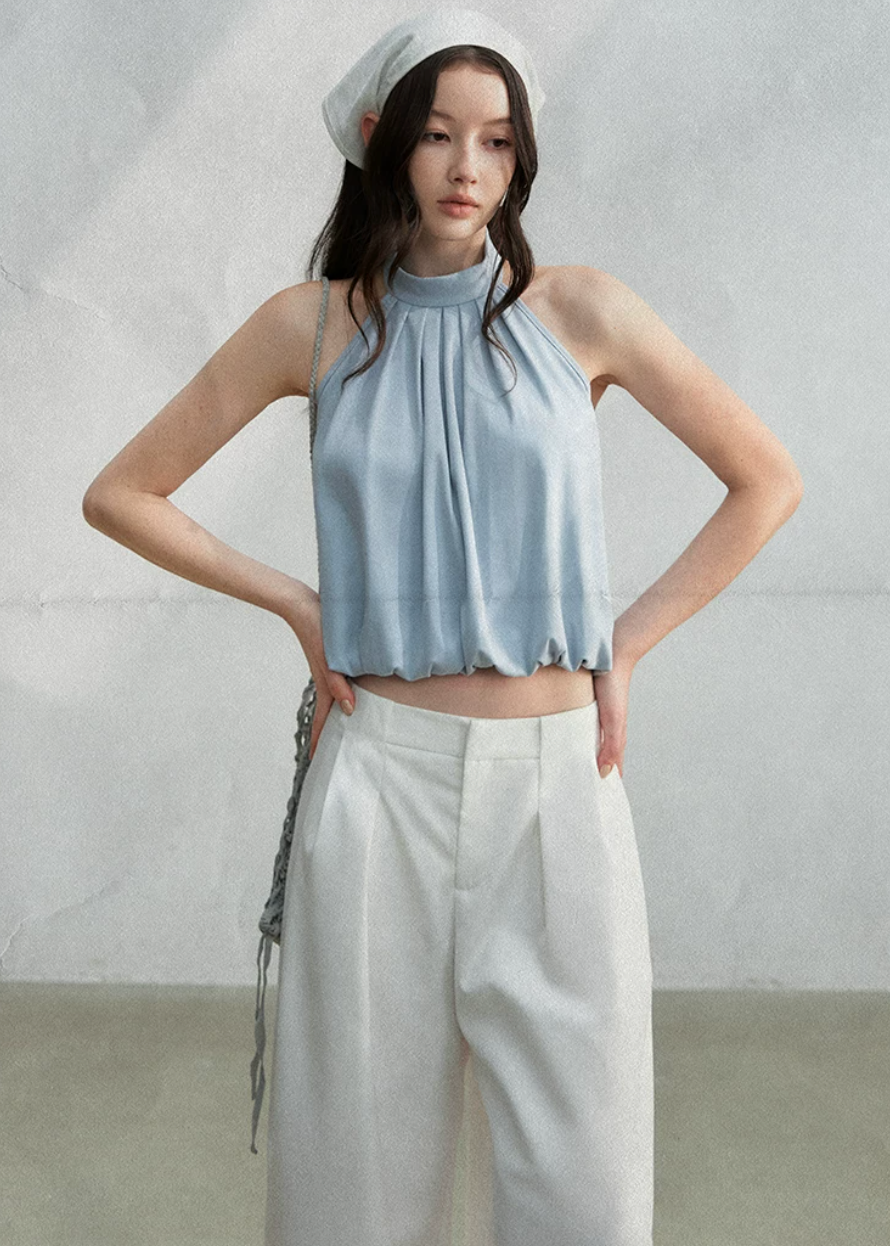 halter tank top, high neck tank top, open back top, sleeveless summer top, Korean feminine top, French minimalist top, mint green tank top, pleated halter top, cotton spandex top, bubble hem top, minimalist summer blouse, feminine Korean fashion, resort tank top, casual elegant top, open back halter top