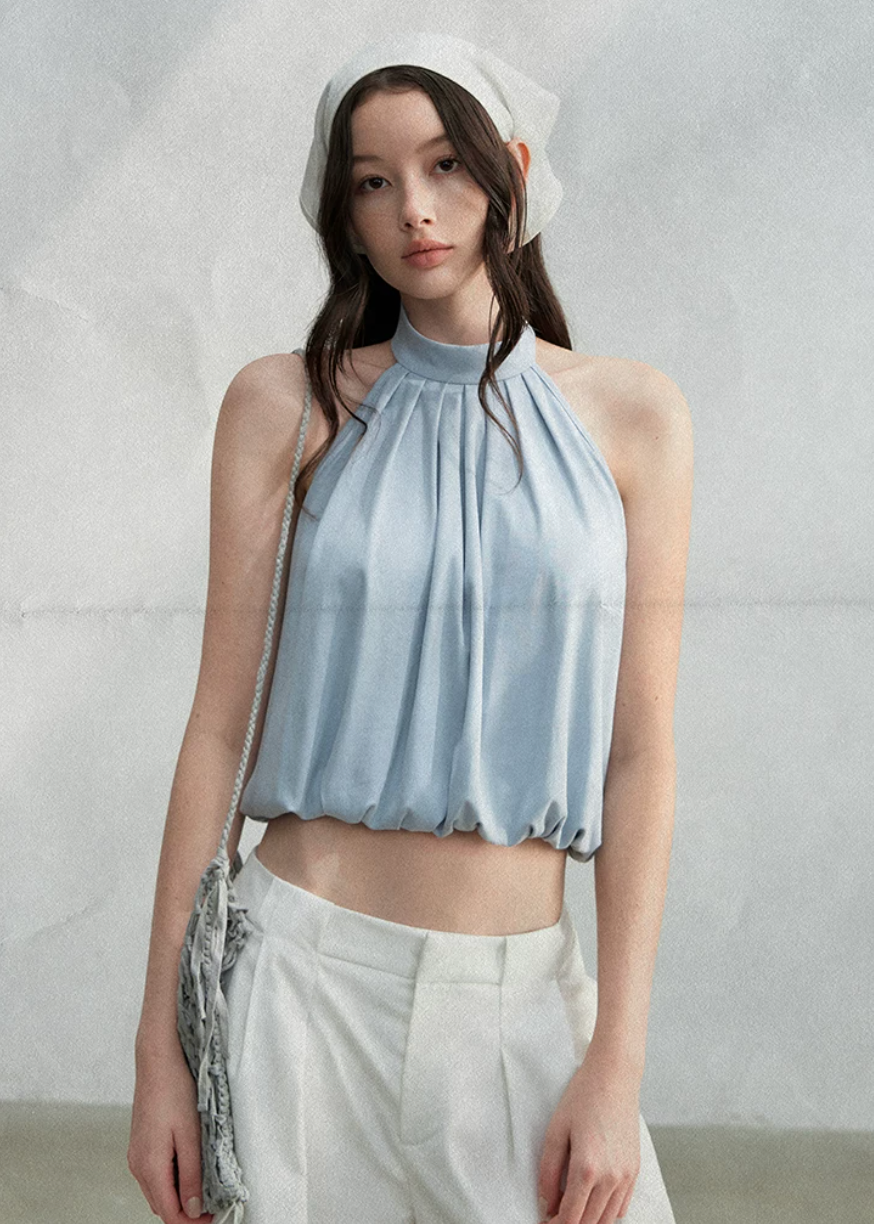 halter tank top, high neck tank top, open back top, sleeveless summer top, Korean feminine top, French minimalist top, mint green tank top, pleated halter top, cotton spandex top, bubble hem top, minimalist summer blouse, feminine Korean fashion, resort tank top, casual elegant top, open back halter top