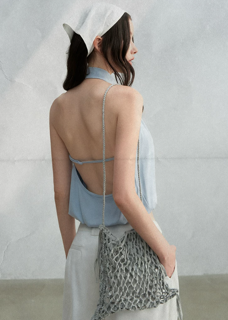 halter tank top, high neck tank top, open back top, sleeveless summer top, Korean feminine top, French minimalist top, mint green tank top, pleated halter top, cotton spandex top, bubble hem top, minimalist summer blouse, feminine Korean fashion, resort tank top, casual elegant top, open back halter top