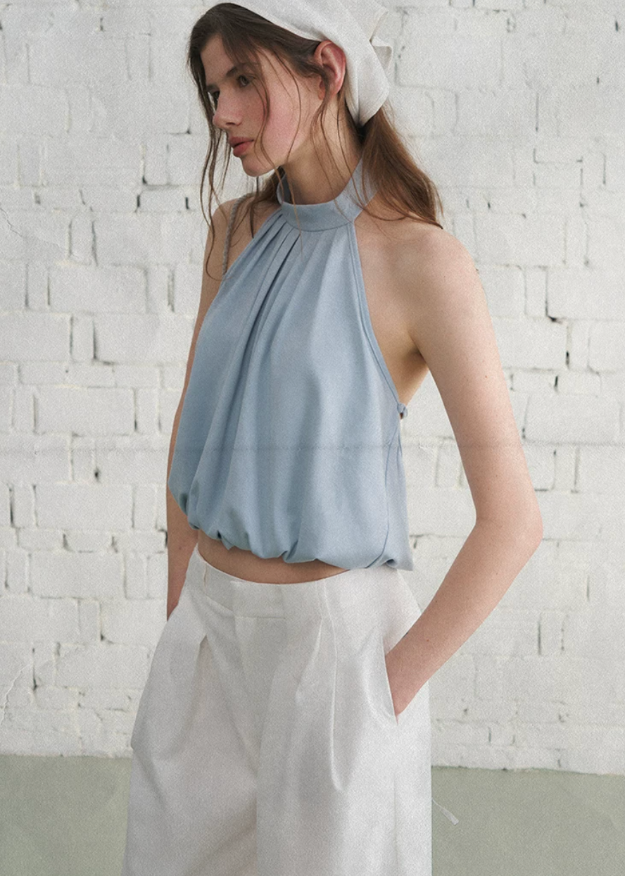 halter tank top, high neck tank top, open back top, sleeveless summer top, Korean feminine top, French minimalist top, mint green tank top, pleated halter top, cotton spandex top, bubble hem top, minimalist summer blouse, feminine Korean fashion, resort tank top, casual elegant top, open back halter top