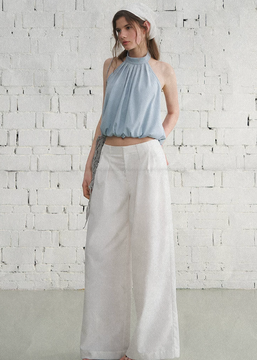 halter tank top, high neck tank top, open back top, sleeveless summer top, Korean feminine top, French minimalist top, mint green tank top, pleated halter top, cotton spandex top, bubble hem top, minimalist summer blouse, feminine Korean fashion, resort tank top, casual elegant top, open back halter top
