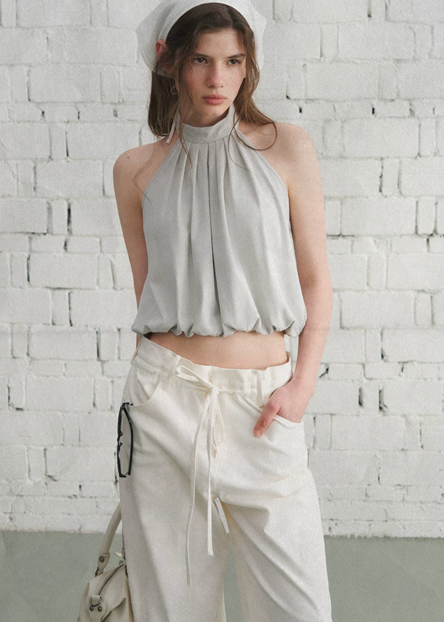 halter tank top, high neck tank top, open back top, sleeveless summer top, Korean feminine top, French minimalist top, mint green tank top, pleated halter top, cotton spandex top, bubble hem top, minimalist summer blouse, feminine Korean fashion, resort tank top, casual elegant top, open back halter top