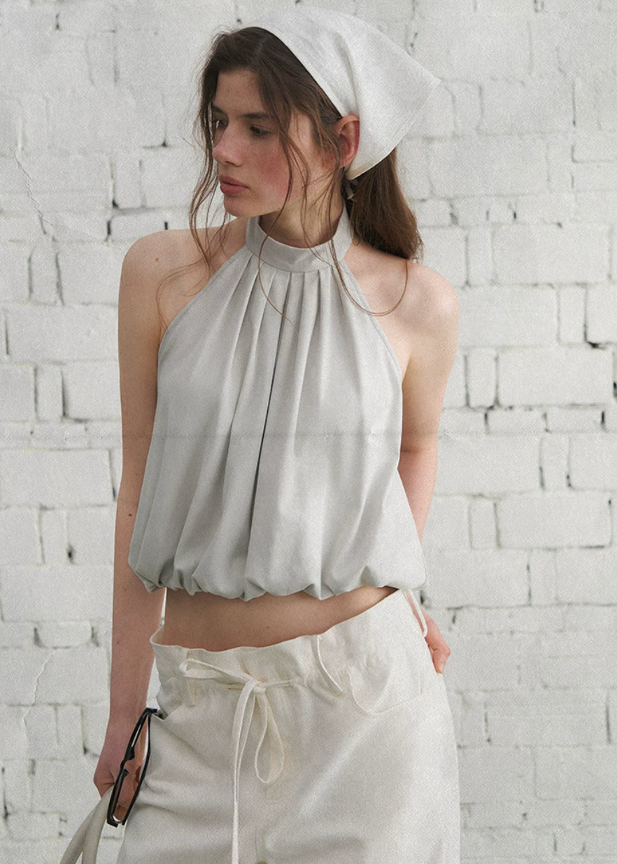 halter tank top, high neck tank top, open back top, sleeveless summer top, Korean feminine top, French minimalist top, mint green tank top, pleated halter top, cotton spandex top, bubble hem top, minimalist summer blouse, feminine Korean fashion, resort tank top, casual elegant top, open back halter top