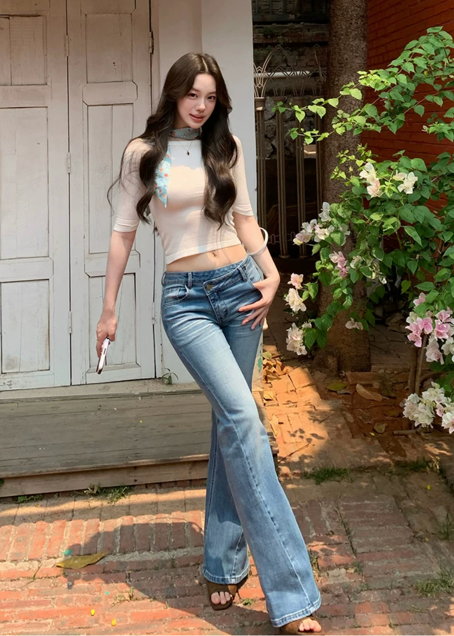 off shoulder knit top, minimalist knit top, slimming knit top, Korean feminine top, solid color knit tee, mid sleeve knit top, elegant summer knit, soft slim fit top, versatile knit blouse, feminine Korean fashion, collarbone knit top, acrylic lyocell wool top, mulberry silk knit top, casual elegant top, fitted knitwear women