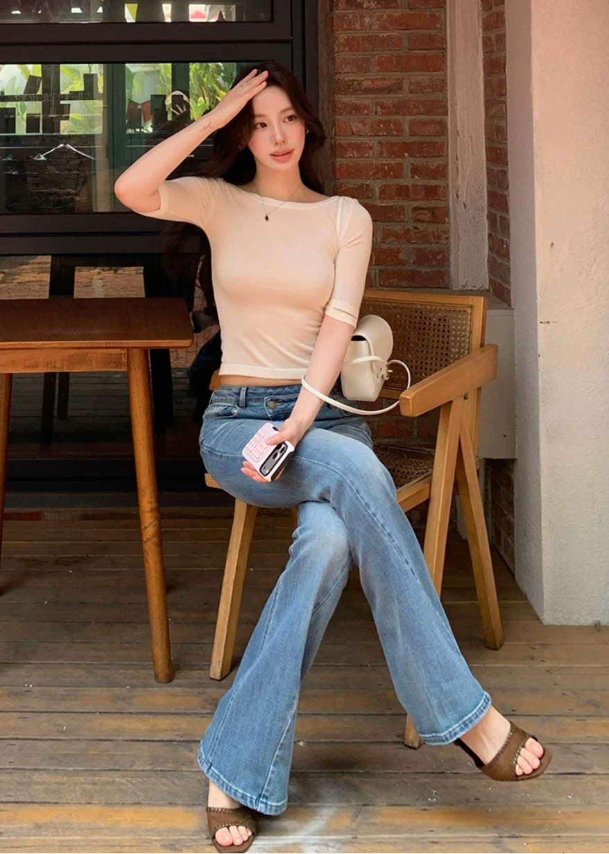 vintage flared jeans, slim flared jeans, women flare denim pants, Korean style jeans, feminine flared jeans, summer denim pants, vintage blue jeans women, black flare jeans women, leg lengthening jeans, slim fit denim trousers, high waist flare jeans, casual chic jeans women, retro flare pants, versatile women jeans, fitted flare denim