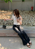 vintage flared jeans, slim flared jeans, women flare denim pants, Korean style jeans, feminine flared jeans, summer denim pants, vintage blue jeans women, black flare jeans women, leg lengthening jeans, slim fit denim trousers, high waist flare jeans, casual chic jeans women, retro flare pants, versatile women jeans, fitted flare denim
