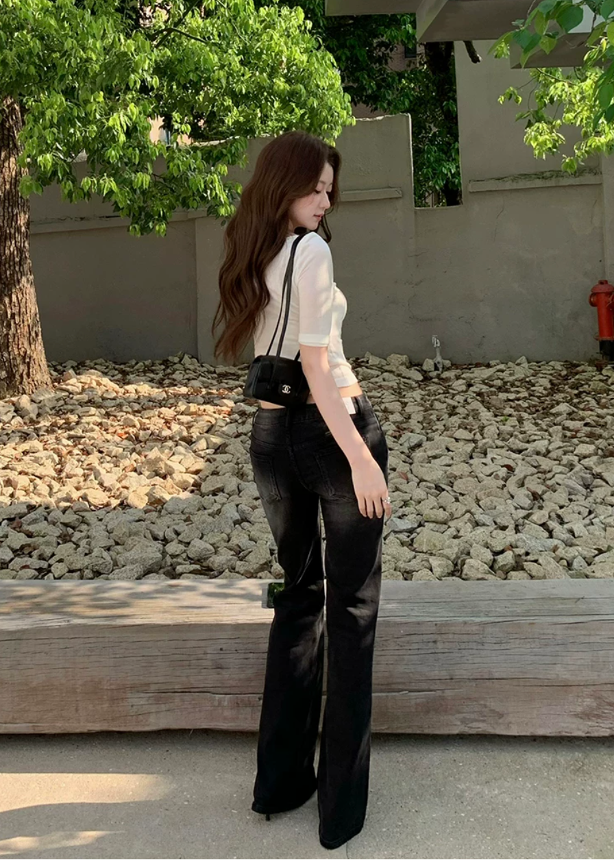 vintage flared jeans, slim flared jeans, women flare denim pants, Korean style jeans, feminine flared jeans, summer denim pants, vintage blue jeans women, black flare jeans women, leg lengthening jeans, slim fit denim trousers, high waist flare jeans, casual chic jeans women, retro flare pants, versatile women jeans, fitted flare denim