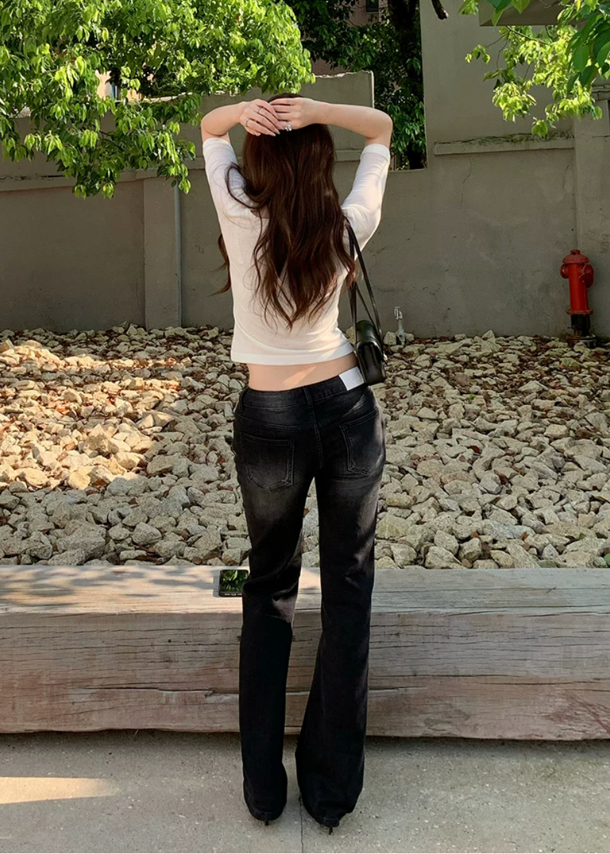 vintage flared jeans, slim flared jeans, women flare denim pants, Korean style jeans, feminine flared jeans, summer denim pants, vintage blue jeans women, black flare jeans women, leg lengthening jeans, slim fit denim trousers, high waist flare jeans, casual chic jeans women, retro flare pants, versatile women jeans, fitted flare denim