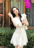 bow-tie chiffon mini dress, white chiffon dress, flutter sleeve mini dress, feminine korean dress, romantic summer dress, fit and flare mini dress, tie-neck dress, elegant white mini dress, soft girl summer dress, vacation mini dress, café date dress, graceful chiffon dress