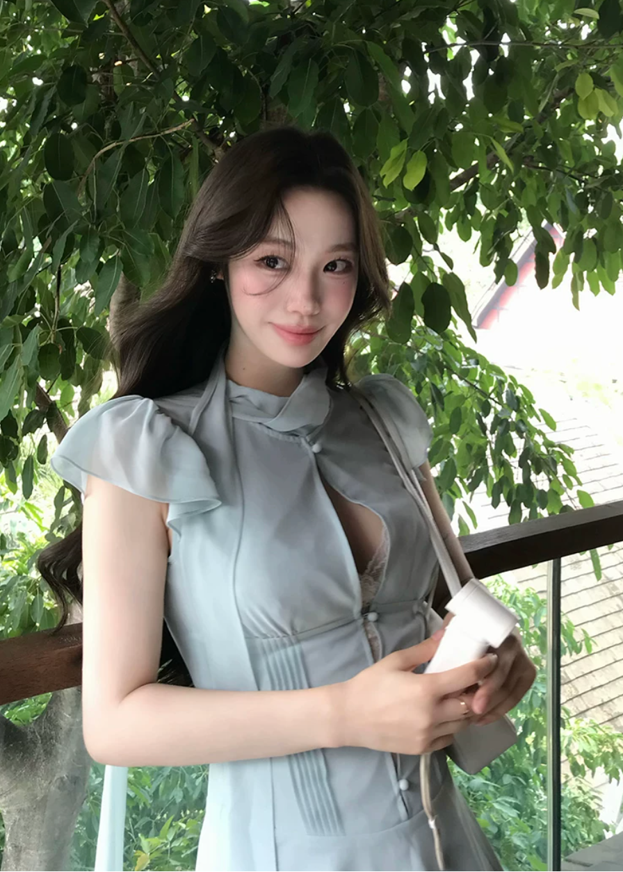 bow-tie chiffon mini dress, white chiffon dress, flutter sleeve mini dress, feminine korean dress, romantic summer dress, fit and flare mini dress, tie-neck dress, elegant white mini dress, soft girl summer dress, vacation mini dress, café date dress, graceful chiffon dress