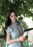 bow-tie chiffon mini dress, white chiffon dress, flutter sleeve mini dress, feminine korean dress, romantic summer dress, fit and flare mini dress, tie-neck dress, elegant white mini dress, soft girl summer dress, vacation mini dress, café date dress, graceful chiffon dress