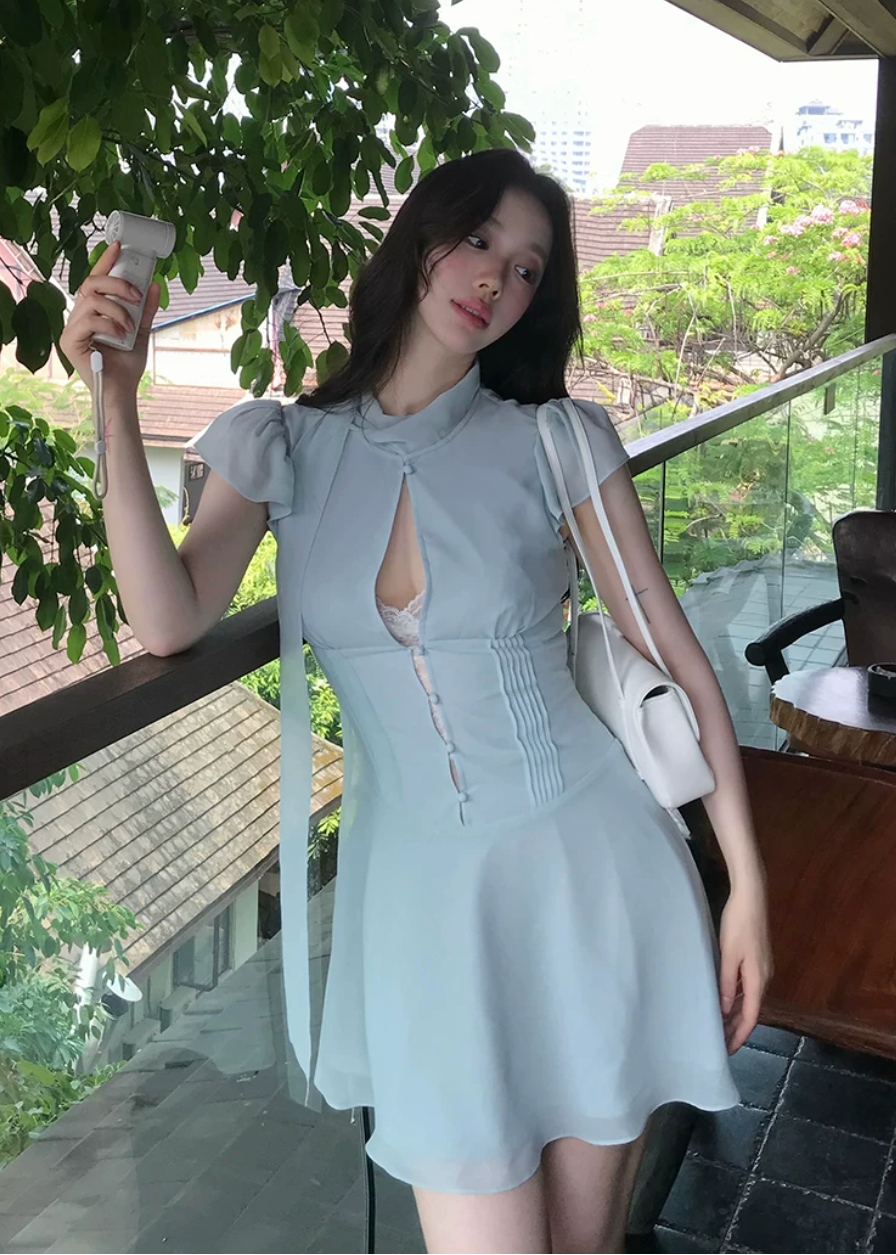 bow-tie chiffon mini dress, white chiffon dress, flutter sleeve mini dress, feminine korean dress, romantic summer dress, fit and flare mini dress, tie-neck dress, elegant white mini dress, soft girl summer dress, vacation mini dress, café date dress, graceful chiffon dress