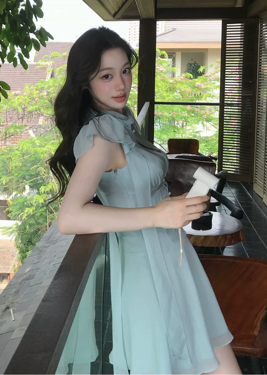 bow-tie chiffon mini dress, white chiffon dress, flutter sleeve mini dress, feminine korean dress, romantic summer dress, fit and flare mini dress, tie-neck dress, elegant white mini dress, soft girl summer dress, vacation mini dress, café date dress, graceful chiffon dress