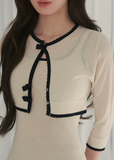 contrast trim mini dress, vintage knit dress, French style mini dress, A-line short dress, waist cinching dress, feminine Korean dress, cream mini dress, square neck dress, elegant summer dress, romantic day dress, soft knit mini dress, fit and flare dress, classy short dress, vintage inspired dress, polished feminine dress