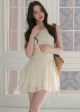 lace chiffon patchwork dress, sleeveless mini dress, A-line mini dress, feminine vacation dress, cream mini dress, romantic lace dress, Korean feminine dress, chiffon mini dress, soft girl dress, resort mini dress, summer date dress, elegant sleeveless dress, lace bodice dress, lightweight summer dress, vacation outfit for women
