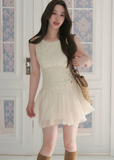 lace chiffon patchwork dress, sleeveless mini dress, A-line mini dress, feminine vacation dress, cream mini dress, romantic lace dress, Korean feminine dress, chiffon mini dress, soft girl dress, resort mini dress, summer date dress, elegant sleeveless dress, lace bodice dress, lightweight summer dress, vacation outfit for women