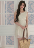 lace chiffon patchwork dress, sleeveless mini dress, A-line mini dress, feminine vacation dress, cream mini dress, romantic lace dress, Korean feminine dress, chiffon mini dress, soft girl dress, resort mini dress, summer date dress, elegant sleeveless dress, lace bodice dress, lightweight summer dress, vacation outfit for women