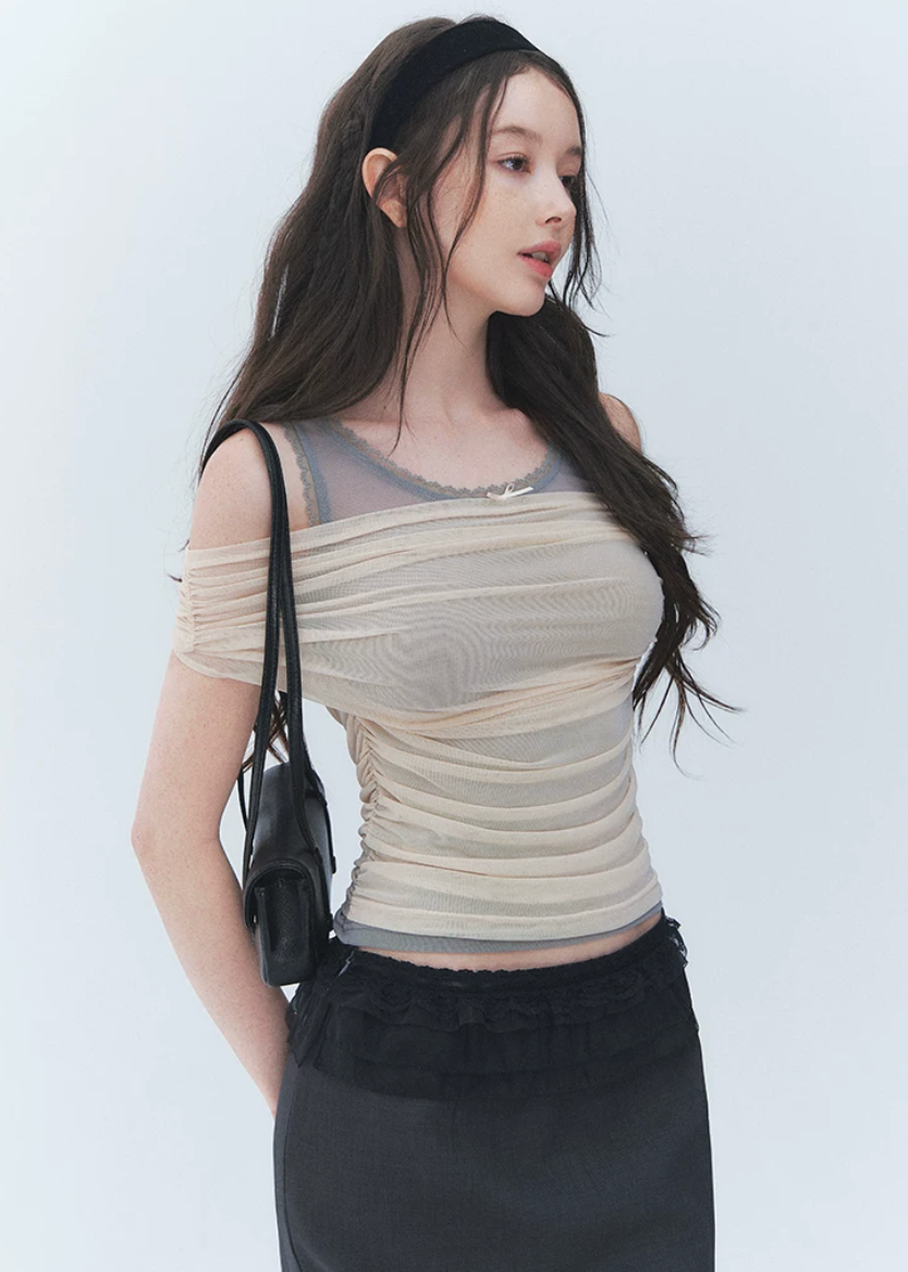 off shoulder lace top, fake two piece top, slimming lace top, Korean feminine top, sheer drape top, romantic mesh top, fitted summer top, lace detail blouse, off shoulder slim top, feminine Korean fashion, date night top, soft layered blouse, polyester spandex top, elegant casual top, romantic summer blouse