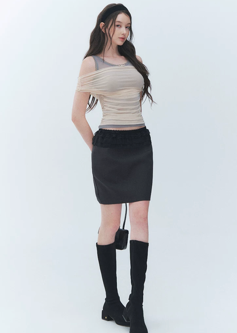 off shoulder lace top, fake two piece top, slimming lace top, Korean feminine top, sheer drape top, romantic mesh top, fitted summer top, lace detail blouse, off shoulder slim top, feminine Korean fashion, date night top, soft layered blouse, polyester spandex top, elegant casual top, romantic summer blouse