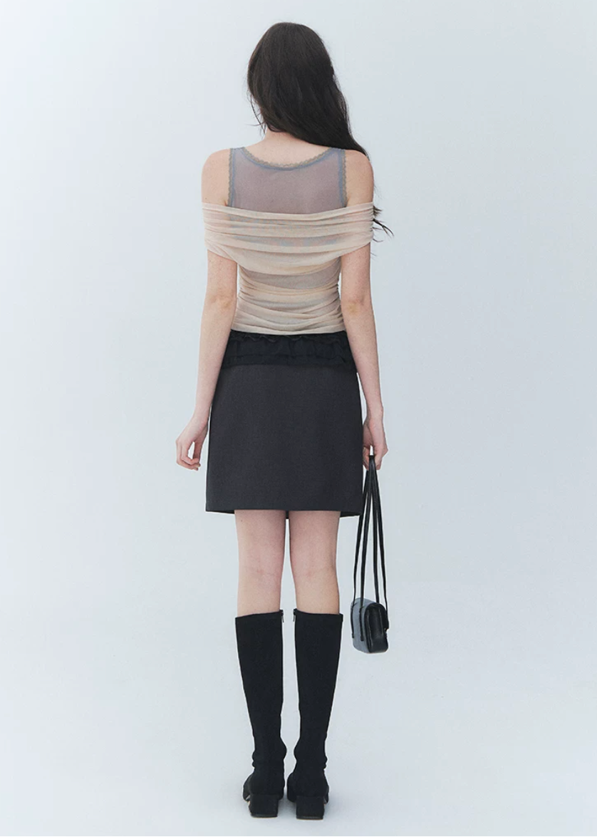off shoulder lace top, fake two piece top, slimming lace top, Korean feminine top, sheer drape top, romantic mesh top, fitted summer top, lace detail blouse, off shoulder slim top, feminine Korean fashion, date night top, soft layered blouse, polyester spandex top, elegant casual top, romantic summer blouse