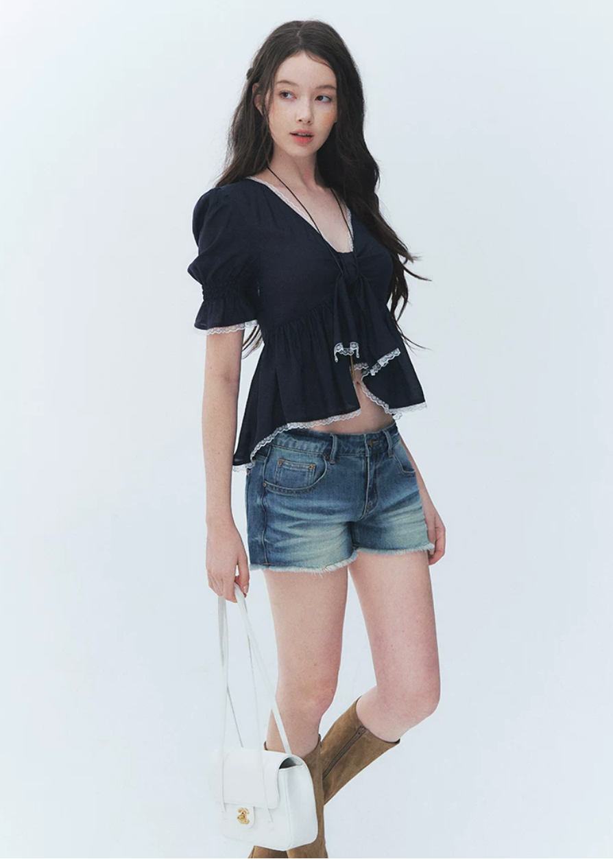 puff sleeve lace top, tie front blouse, French V neck top, Lyocell blouse women, romantic lace trim top, feminine Korean blouse, irregular tie top, soft summer blouse, puff sleeve summer top, elegant casual blouse, cute date outfit top, lightweight feminine blouse, navy lace blouse, French romantic top, dressy casual women top