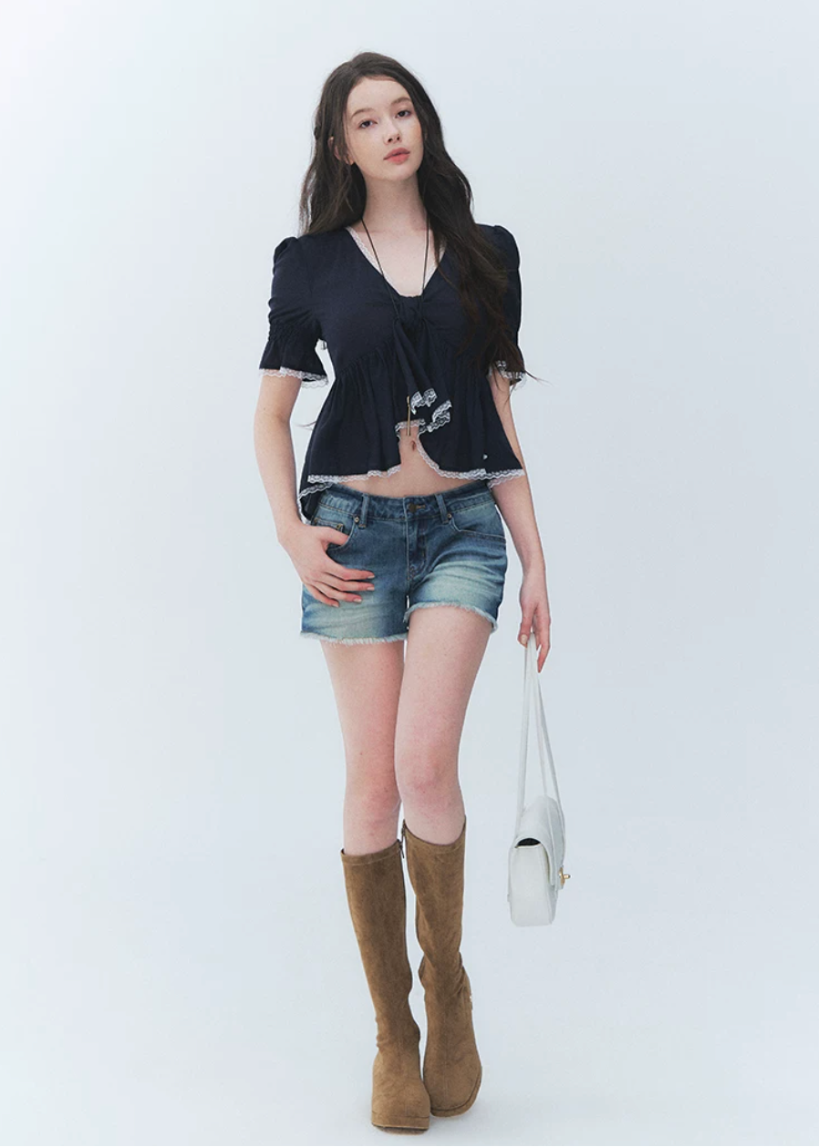 puff sleeve lace top, tie front blouse, French V neck top, Lyocell blouse women, romantic lace trim top, feminine Korean blouse, irregular tie top, soft summer blouse, puff sleeve summer top, elegant casual blouse, cute date outfit top, lightweight feminine blouse, navy lace blouse, French romantic top, dressy casual women top