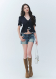 puff sleeve lace top, tie front blouse, French V neck top, Lyocell blouse women, romantic lace trim top, feminine Korean blouse, irregular tie top, soft summer blouse, puff sleeve summer top, elegant casual blouse, cute date outfit top, lightweight feminine blouse, navy lace blouse, French romantic top, dressy casual women top