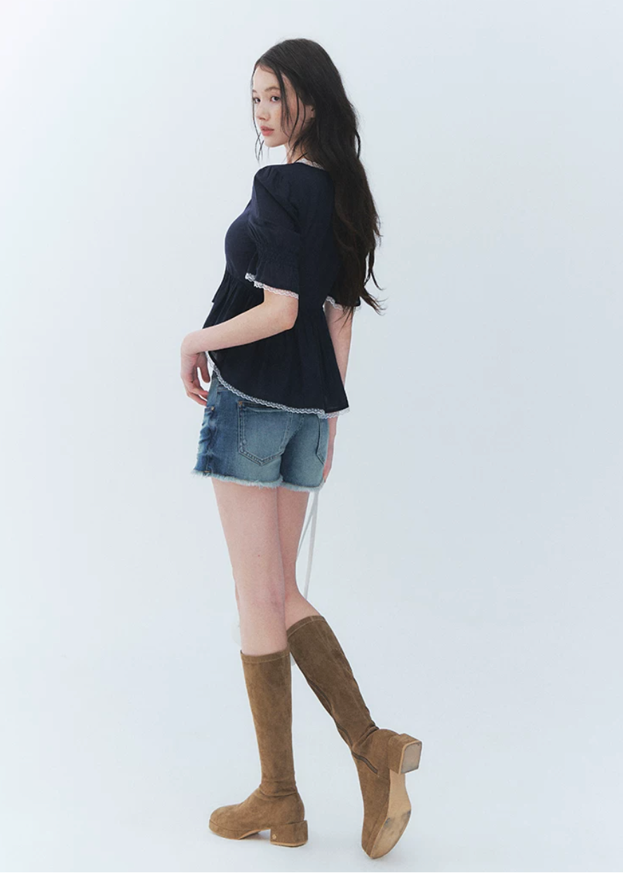 puff sleeve lace top, tie front blouse, French V neck top, Lyocell blouse women, romantic lace trim top, feminine Korean blouse, irregular tie top, soft summer blouse, puff sleeve summer top, elegant casual blouse, cute date outfit top, lightweight feminine blouse, navy lace blouse, French romantic top, dressy casual women top