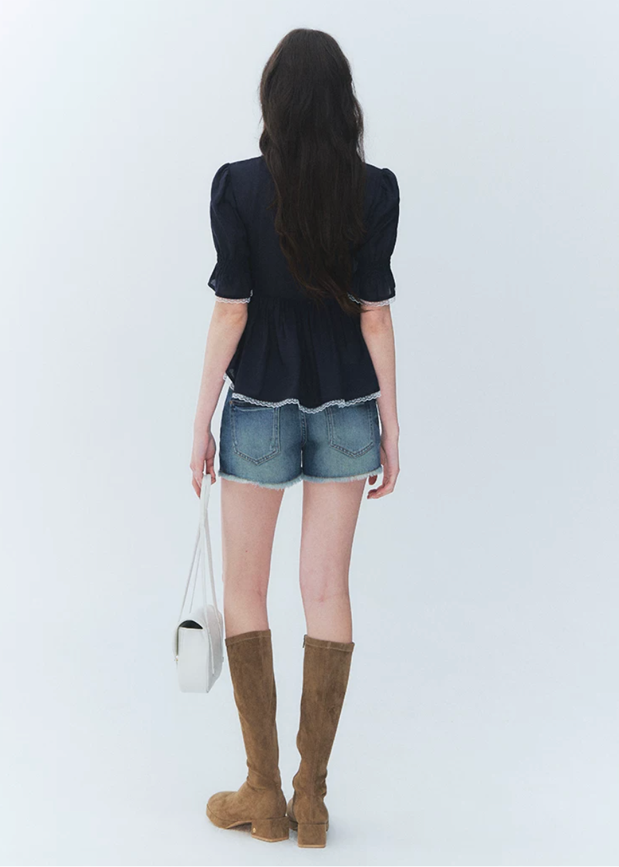 puff sleeve lace top, tie front blouse, French V neck top, Lyocell blouse women, romantic lace trim top, feminine Korean blouse, irregular tie top, soft summer blouse, puff sleeve summer top, elegant casual blouse, cute date outfit top, lightweight feminine blouse, navy lace blouse, French romantic top, dressy casual women top