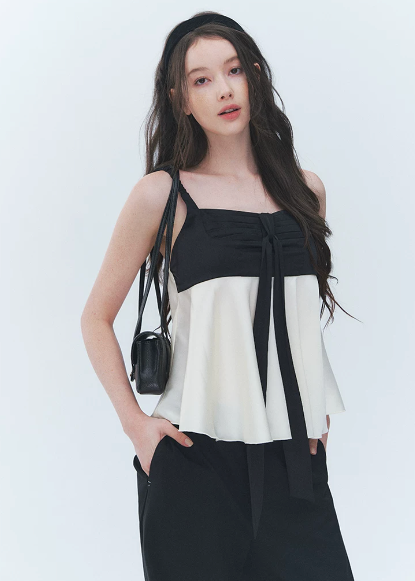 colorblock camisole top, black and cream cami, bow camisole top, vintage camisole women, Korean feminine top, babydoll cami top, flared camisole, romantic summer top, cream camisole blouse, simple vintage top, feminine Korean fashion, date outfit top, summer cami blouse, contrast color top, soft girly camisole