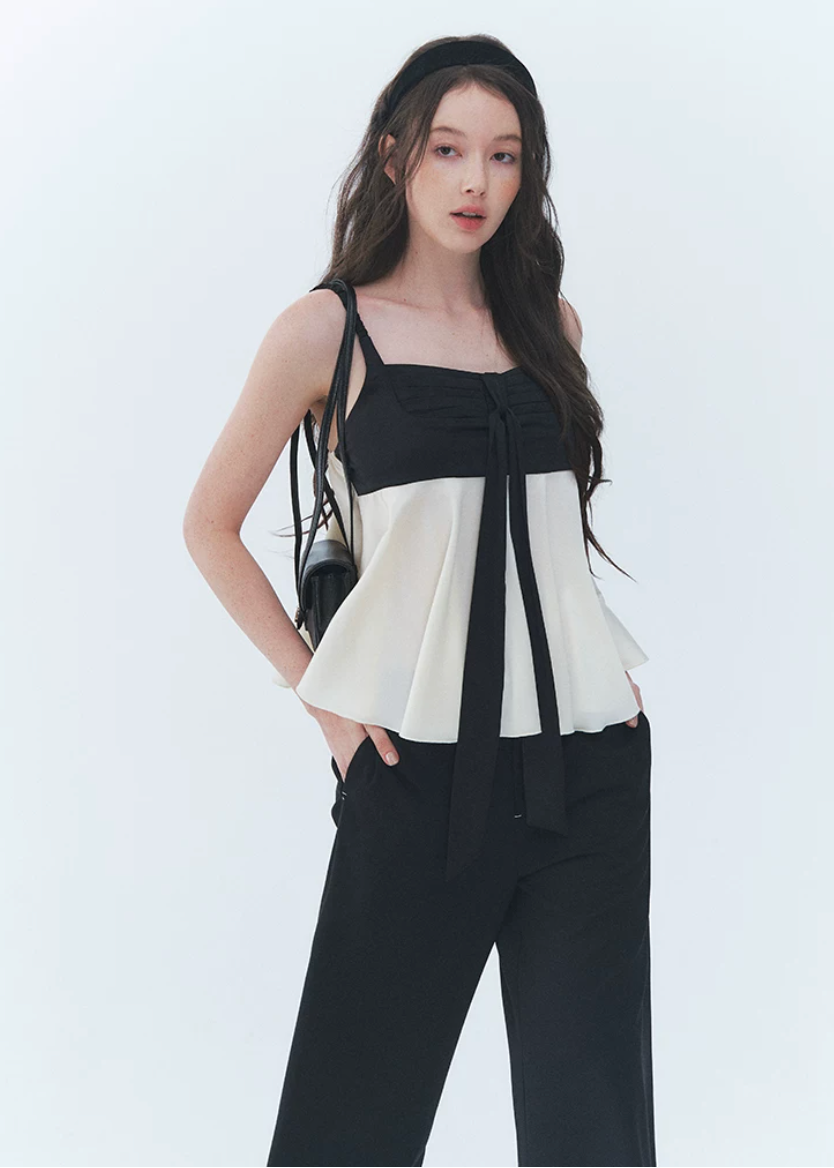 colorblock camisole top, black and cream cami, bow camisole top, vintage camisole women, Korean feminine top, babydoll cami top, flared camisole, romantic summer top, cream camisole blouse, simple vintage top, feminine Korean fashion, date outfit top, summer cami blouse, contrast color top, soft girly camisole