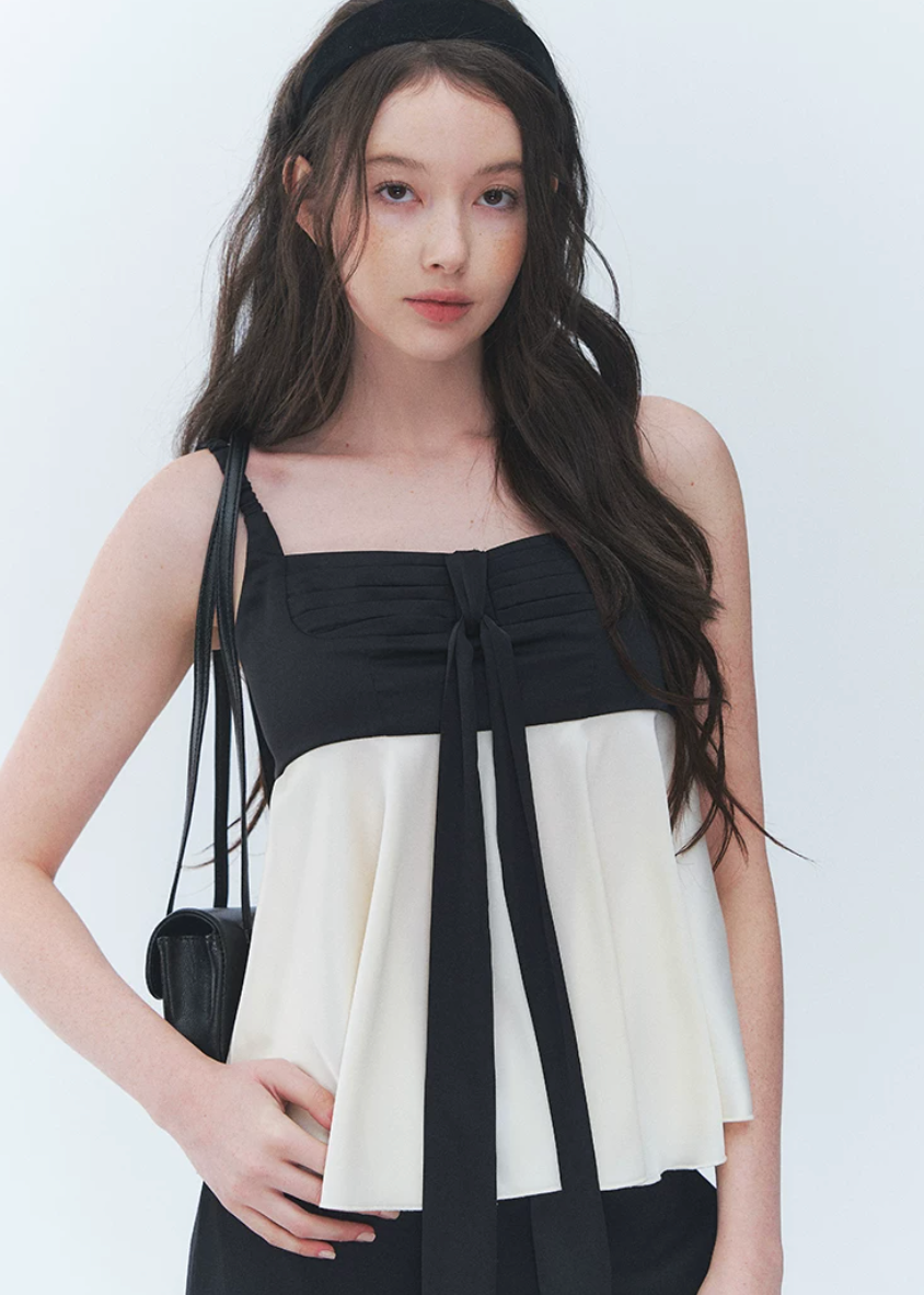 colorblock camisole top, black and cream cami, bow camisole top, vintage camisole women, Korean feminine top, babydoll cami top, flared camisole, romantic summer top, cream camisole blouse, simple vintage top, feminine Korean fashion, date outfit top, summer cami blouse, contrast color top, soft girly camisole