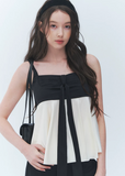 colorblock camisole top, black and cream cami, bow camisole top, vintage camisole women, Korean feminine top, babydoll cami top, flared camisole, romantic summer top, cream camisole blouse, simple vintage top, feminine Korean fashion, date outfit top, summer cami blouse, contrast color top, soft girly camisole