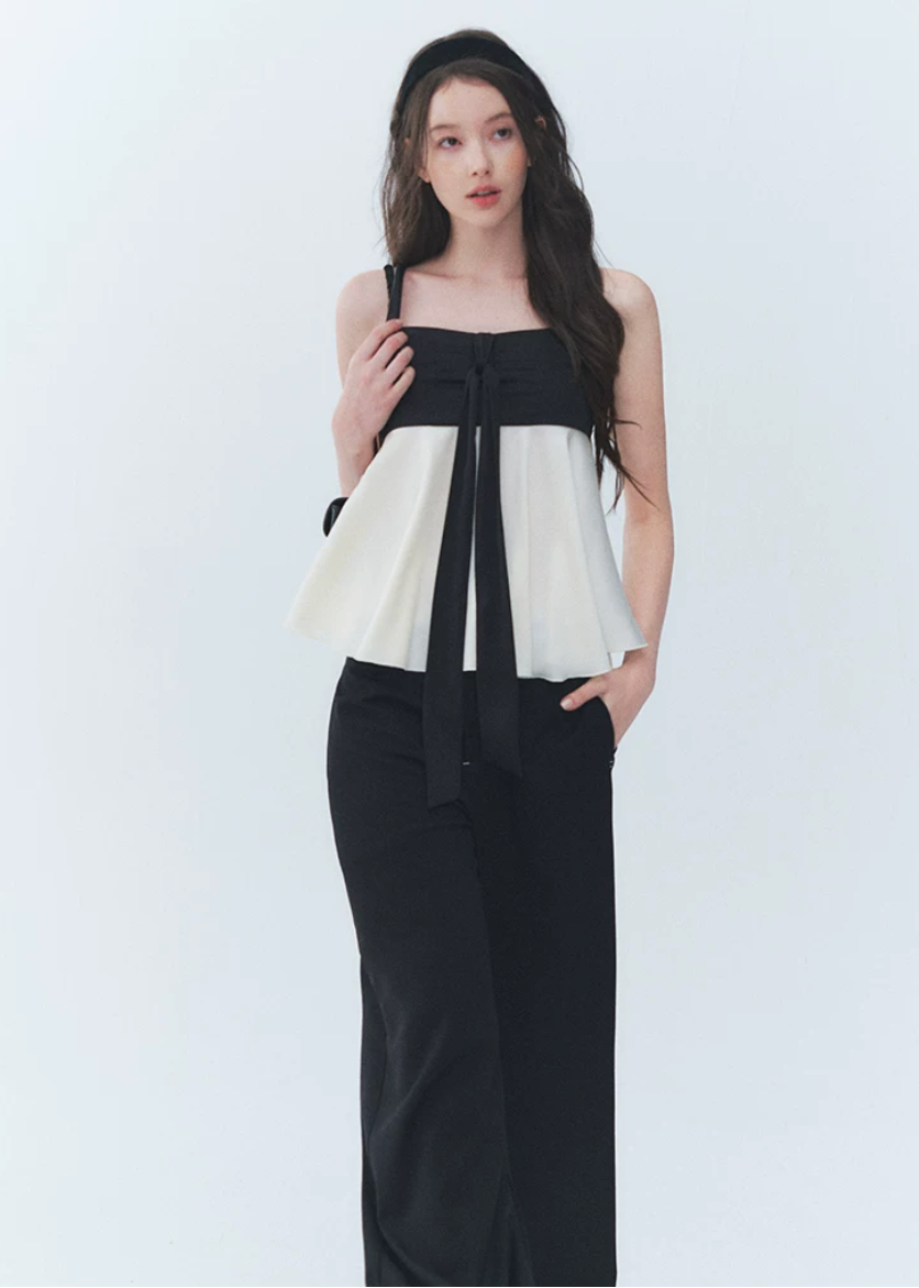 colorblock camisole top, black and cream cami, bow camisole top, vintage camisole women, Korean feminine top, babydoll cami top, flared camisole, romantic summer top, cream camisole blouse, simple vintage top, feminine Korean fashion, date outfit top, summer cami blouse, contrast color top, soft girly camisole