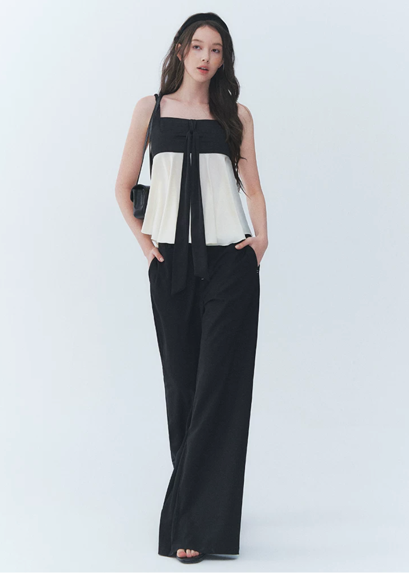 colorblock camisole top, black and cream cami, bow camisole top, vintage camisole women, Korean feminine top, babydoll cami top, flared camisole, romantic summer top, cream camisole blouse, simple vintage top, feminine Korean fashion, date outfit top, summer cami blouse, contrast color top, soft girly camisole