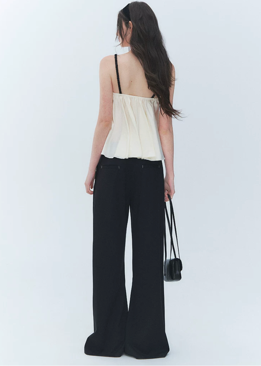 colorblock camisole top, black and cream cami, bow camisole top, vintage camisole women, Korean feminine top, babydoll cami top, flared camisole, romantic summer top, cream camisole blouse, simple vintage top, feminine Korean fashion, date outfit top, summer cami blouse, contrast color top, soft girly camisole