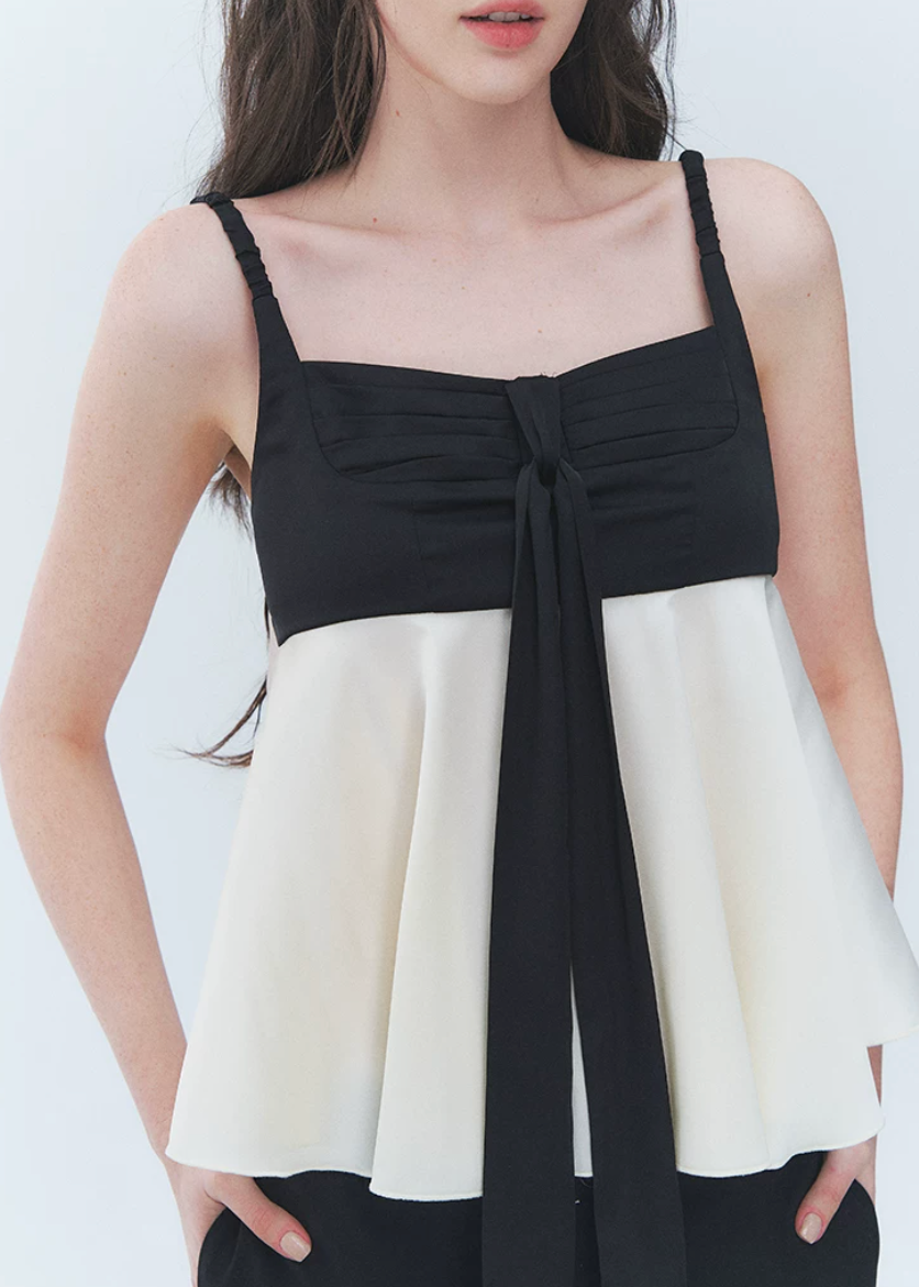 colorblock camisole top, black and cream cami, bow camisole top, vintage camisole women, Korean feminine top, babydoll cami top, flared camisole, romantic summer top, cream camisole blouse, simple vintage top, feminine Korean fashion, date outfit top, summer cami blouse, contrast color top, soft girly camisole