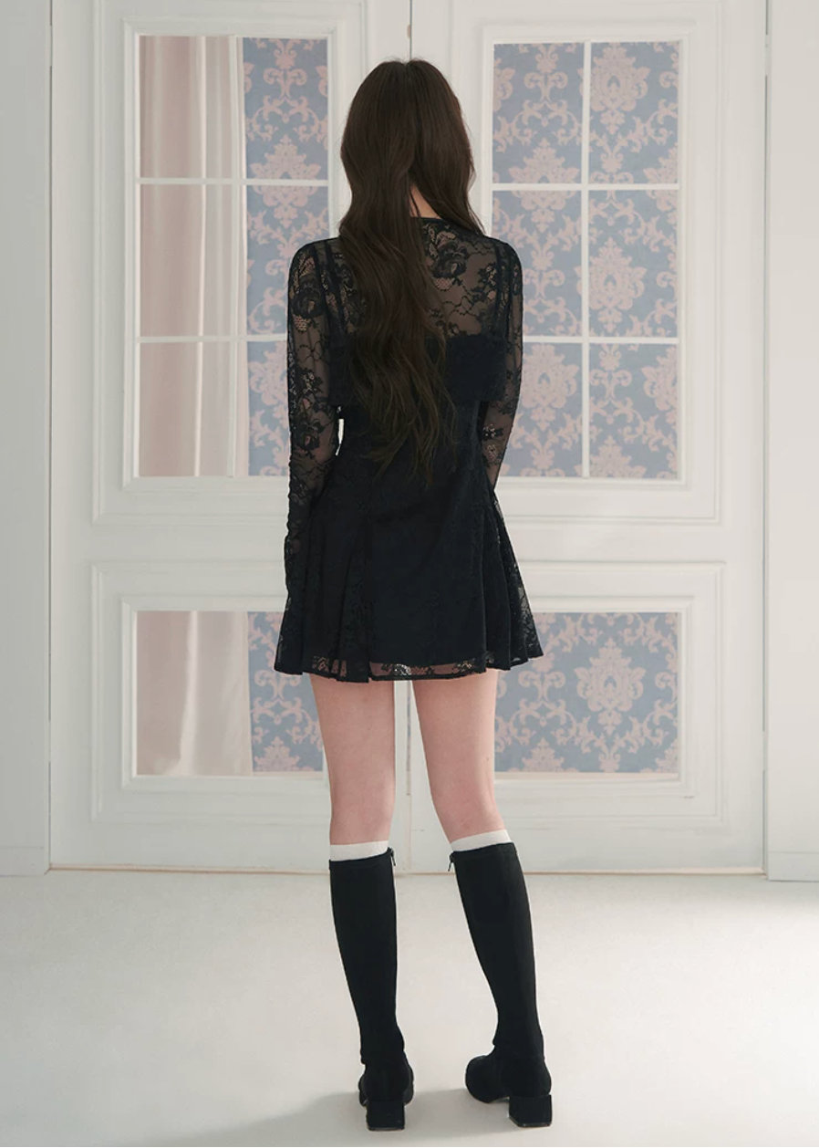 lace cardigan set, black mini dress set, lace sleeve dress, waist cinching dress set, feminine Korean dress, romantic black outfit, elegant two piece dress set, sheer lace cardigan, date night mini dress, fitted strap dress, soft goth feminine dress, summer black dress set, delicate lace outfit, party mini dress women, Korean feminine style