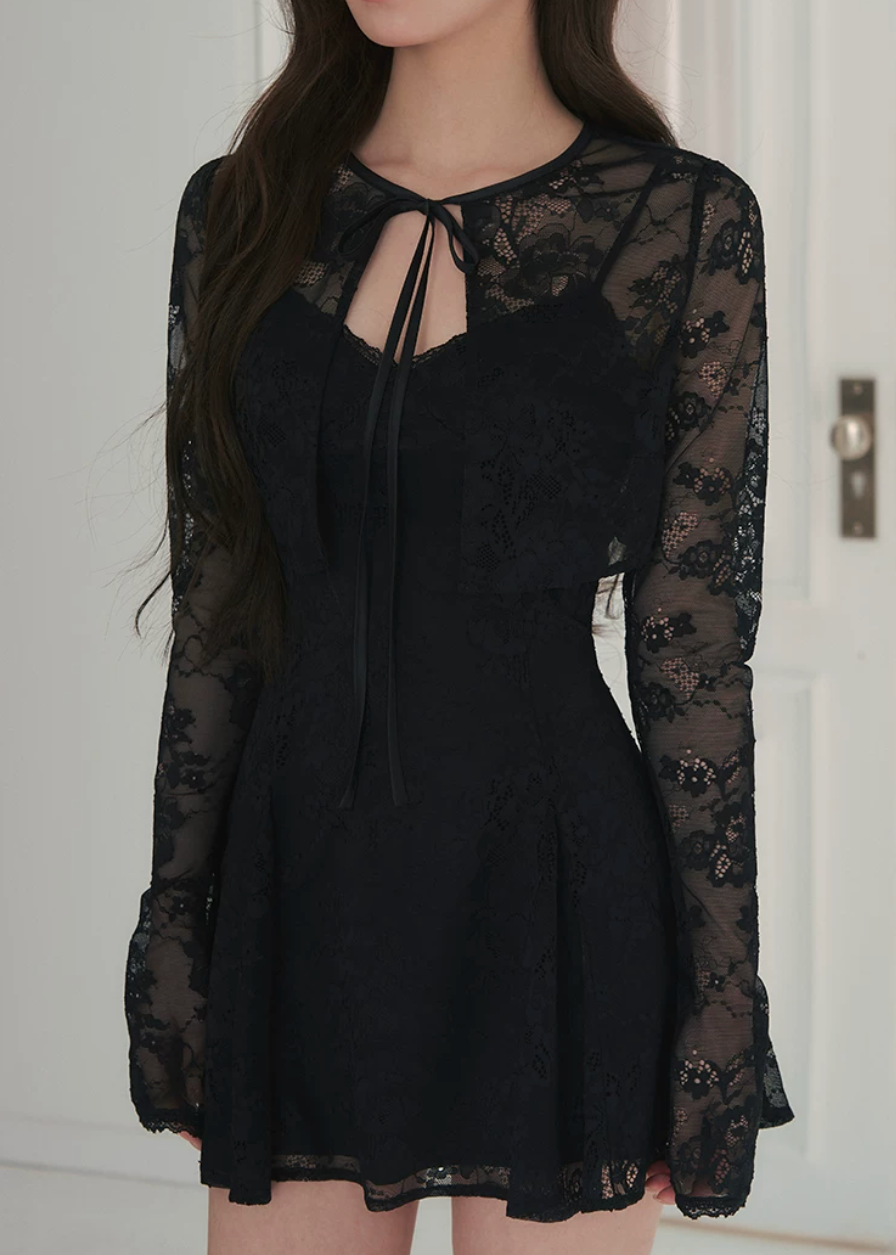 lace cardigan set, black mini dress set, lace sleeve dress, waist cinching dress set, feminine Korean dress, romantic black outfit, elegant two piece dress set, sheer lace cardigan, date night mini dress, fitted strap dress, soft goth feminine dress, summer black dress set, delicate lace outfit, party mini dress women, Korean feminine style
