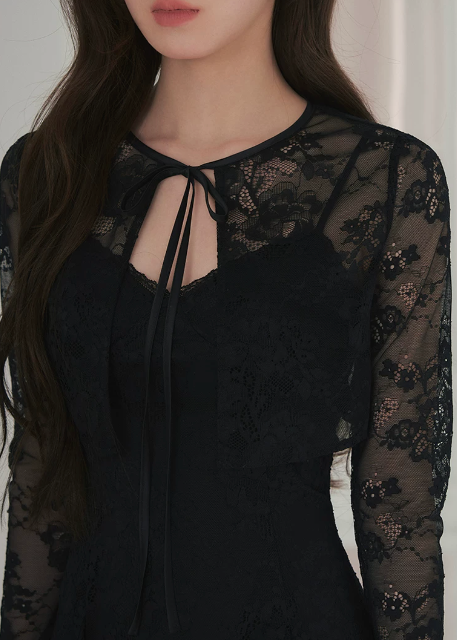 lace cardigan set, black mini dress set, lace sleeve dress, waist cinching dress set, feminine Korean dress, romantic black outfit, elegant two piece dress set, sheer lace cardigan, date night mini dress, fitted strap dress, soft goth feminine dress, summer black dress set, delicate lace outfit, party mini dress women, Korean feminine style