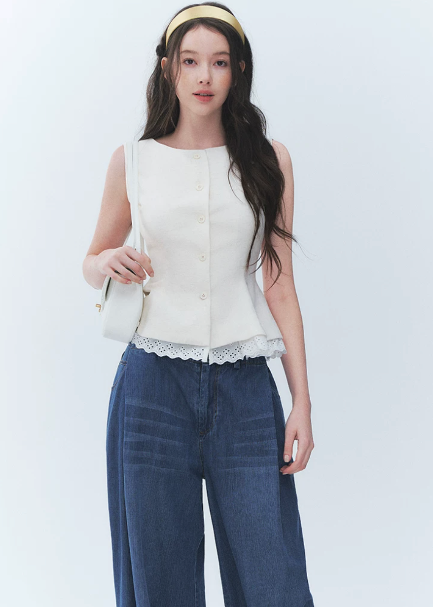 French vintage vest top, lace hem vest top, sleeveless button top, Korean feminine top, cotton linen sleeveless top, waist cinching blouse, romantic summer top, white lace trim top, vintage sleeveless blouse, feminine Korean fashion, button front vest top, cotton blend summer top, elegant casual top, café date outfit, soft vintage top