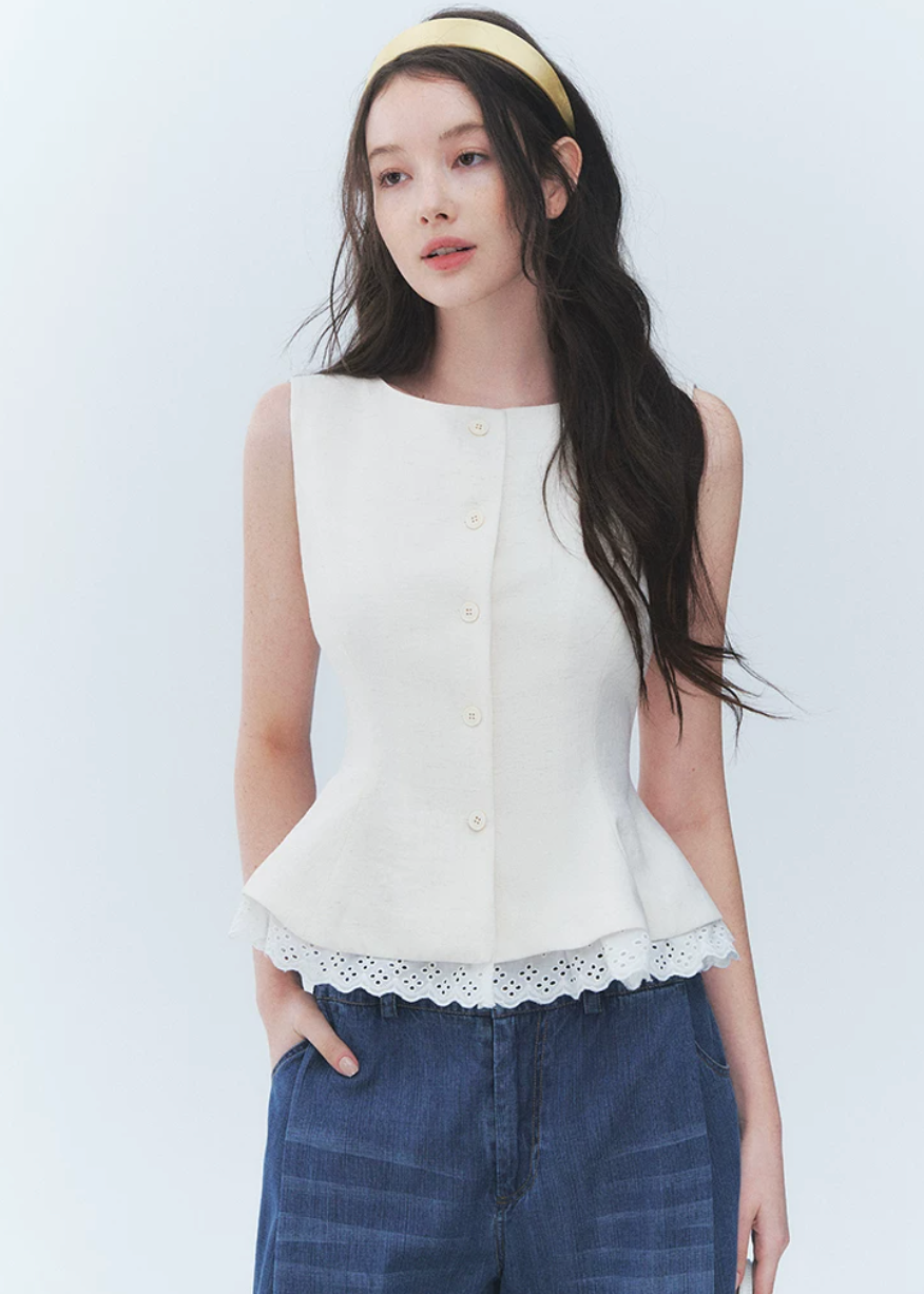 French vintage vest top, lace hem vest top, sleeveless button top, Korean feminine top, cotton linen sleeveless top, waist cinching blouse, romantic summer top, white lace trim top, vintage sleeveless blouse, feminine Korean fashion, button front vest top, cotton blend summer top, elegant casual top, café date outfit, soft vintage top