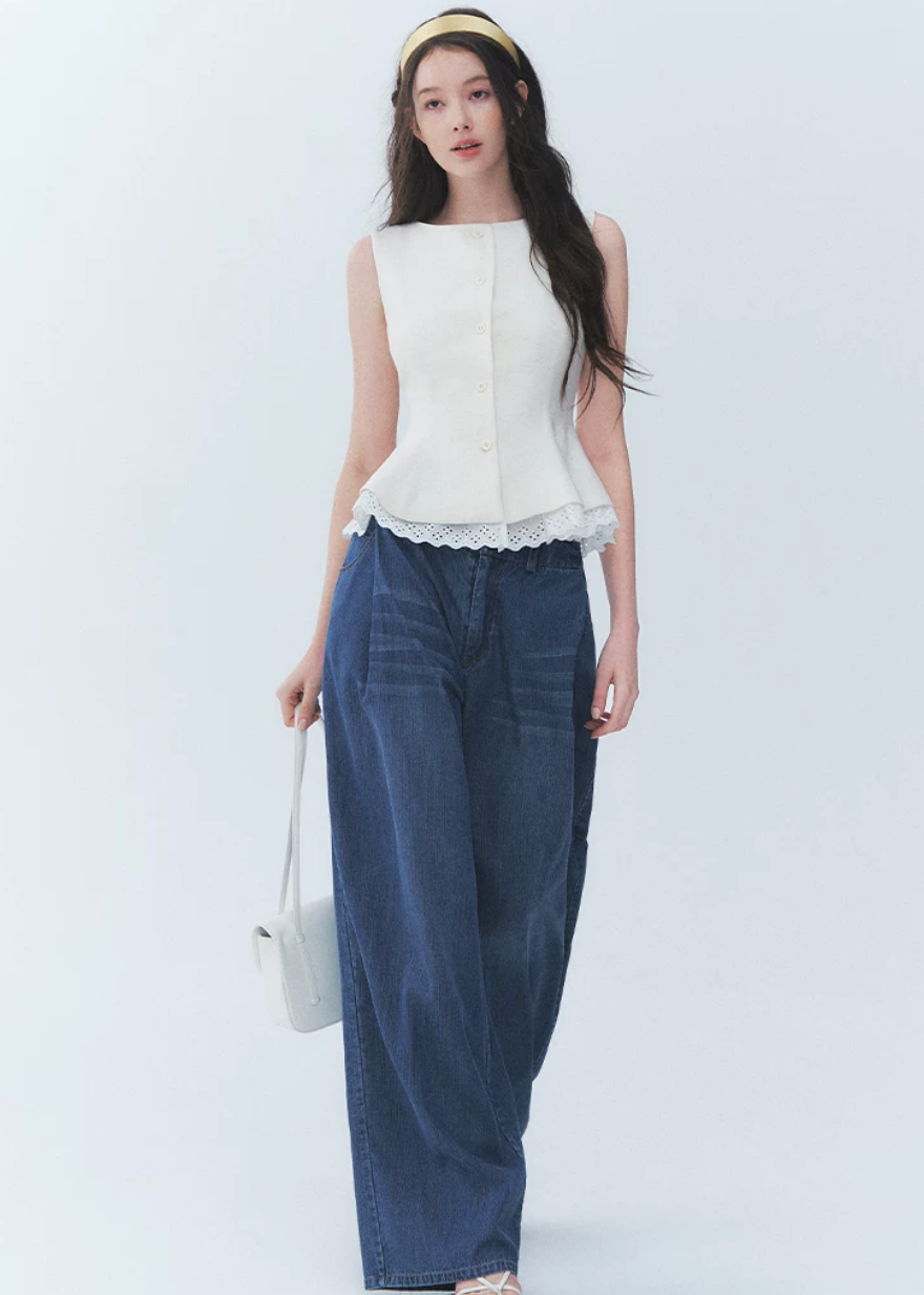 French vintage vest top, lace hem vest top, sleeveless button top, Korean feminine top, cotton linen sleeveless top, waist cinching blouse, romantic summer top, white lace trim top, vintage sleeveless blouse, feminine Korean fashion, button front vest top, cotton blend summer top, elegant casual top, café date outfit, soft vintage top