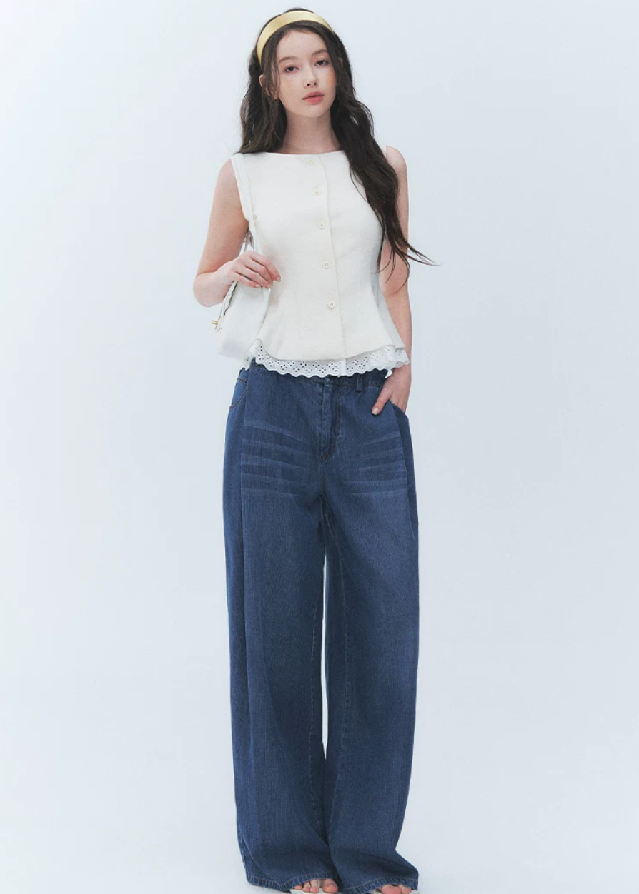 French vintage vest top, lace hem vest top, sleeveless button top, Korean feminine top, cotton linen sleeveless top, waist cinching blouse, romantic summer top, white lace trim top, vintage sleeveless blouse, feminine Korean fashion, button front vest top, cotton blend summer top, elegant casual top, café date outfit, soft vintage top