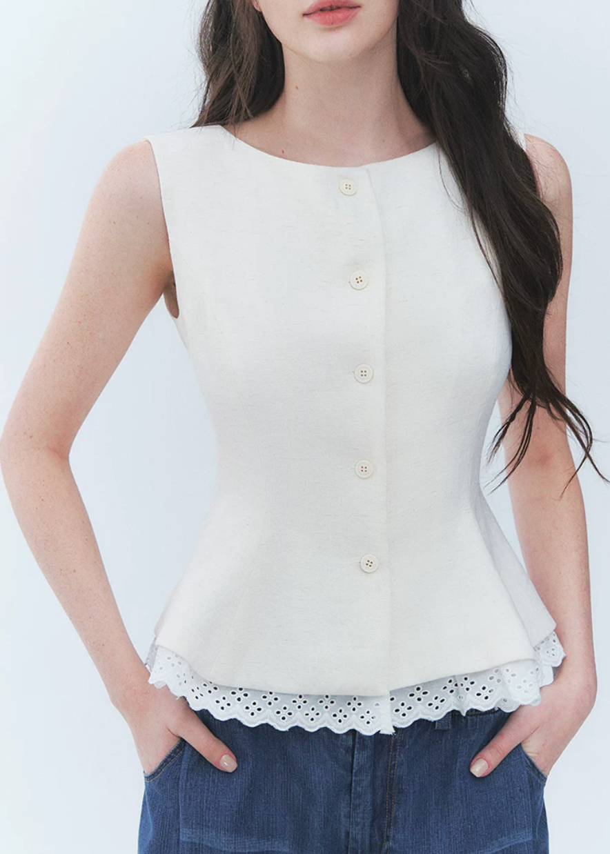 French vintage vest top, lace hem vest top, sleeveless button top, Korean feminine top, cotton linen sleeveless top, waist cinching blouse, romantic summer top, white lace trim top, vintage sleeveless blouse, feminine Korean fashion, button front vest top, cotton blend summer top, elegant casual top, café date outfit, soft vintage top
