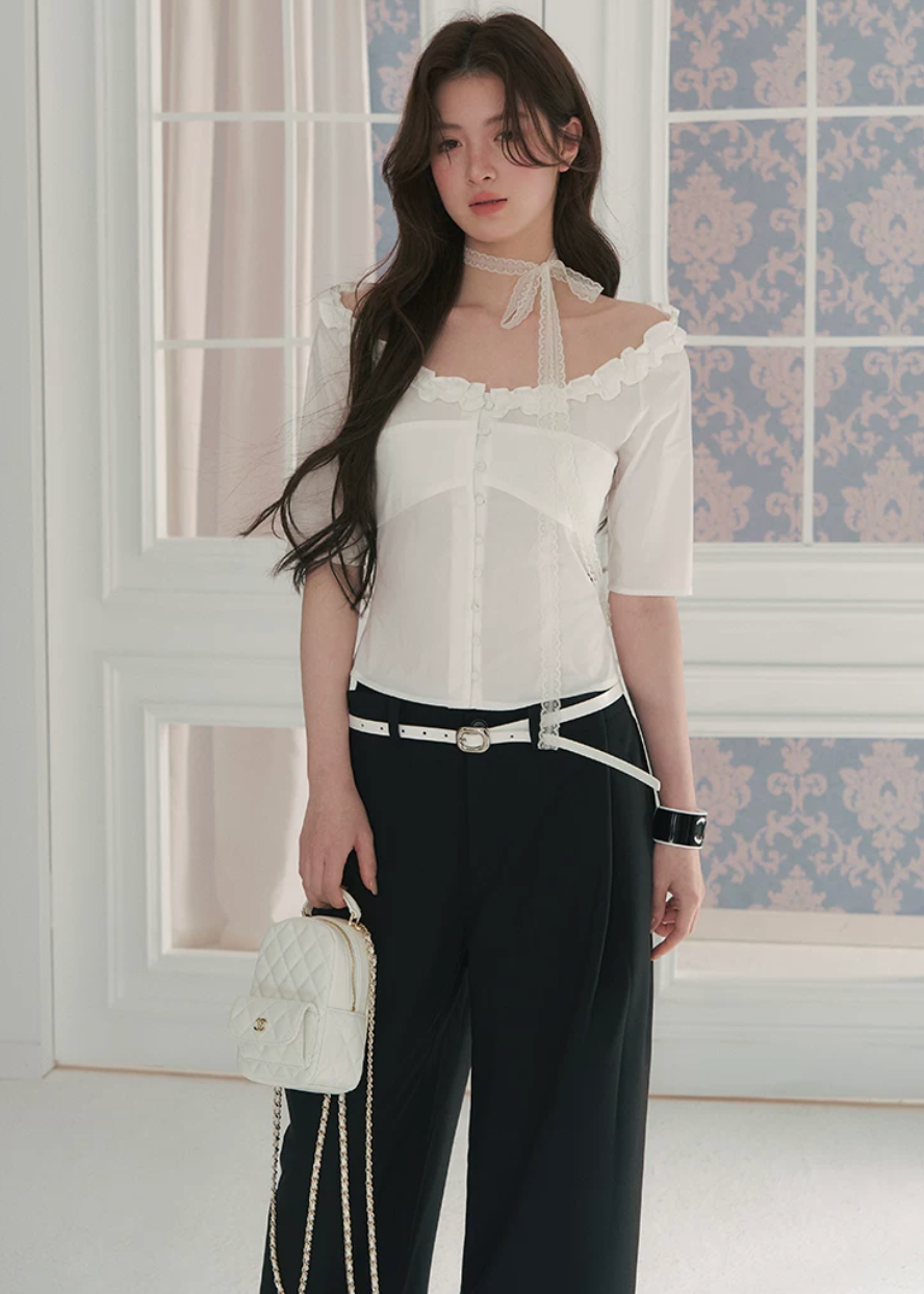 off shoulder blouse, ruffle trim blouse, feminine Korean top, court style blouse, waist cinching blouse, romantic summer top, light blue blouse, vintage inspired blouse, button front top, elegant off shoulder shirt, cotton blend blouse, Korean fashion top, dressy summer blouse, soft girl blouse, LaLuneDuCiel style top