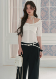 off shoulder blouse, ruffle trim blouse, feminine Korean top, court style blouse, waist cinching blouse, romantic summer top, light blue blouse, vintage inspired blouse, button front top, elegant off shoulder shirt, cotton blend blouse, Korean fashion top, dressy summer blouse, soft girl blouse, LaLuneDuCiel style top